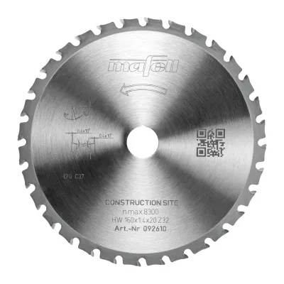 Pílový kotúč MAFELL KSB-CS160 HW 160 × 1,4 × 20 mm, Z32, WZ/FA, Construction Site